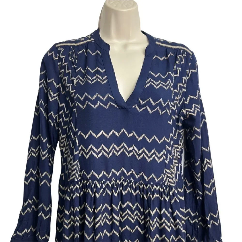 Holding Horses Anthropologie Navy and tan graphic print long sleeve dress